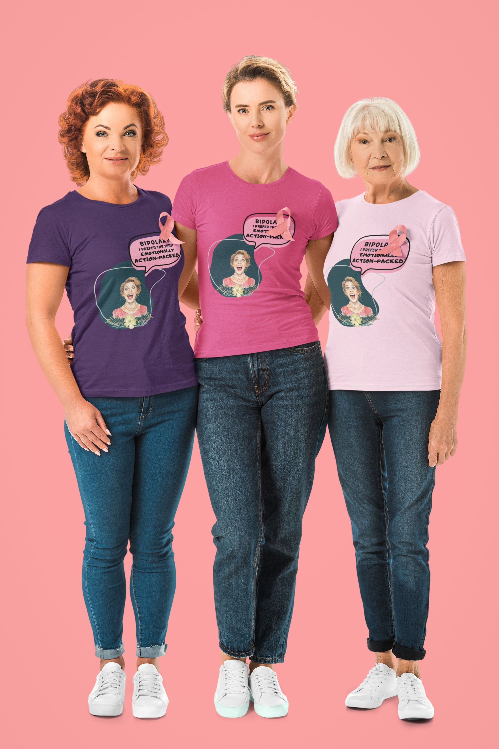 Three women in t-shirts with a "BIPOLAR" and pink ribbon graphic, standing side-by-side on a pink background.