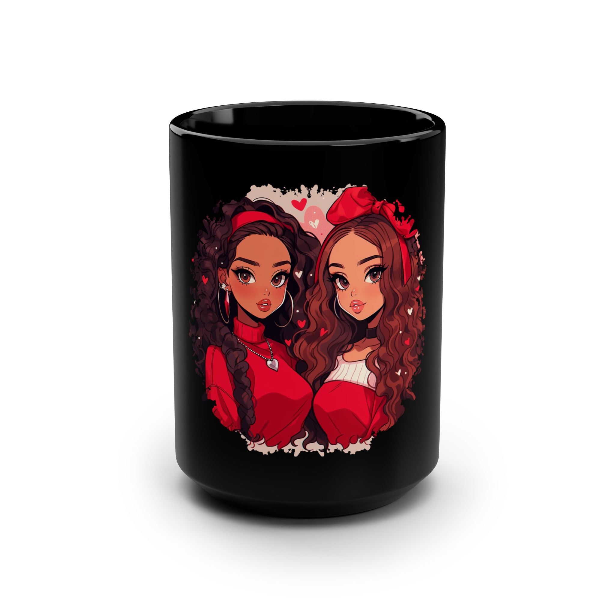 Black 15oz Mug — Cute Best Friends Anime Girls Heart Design
