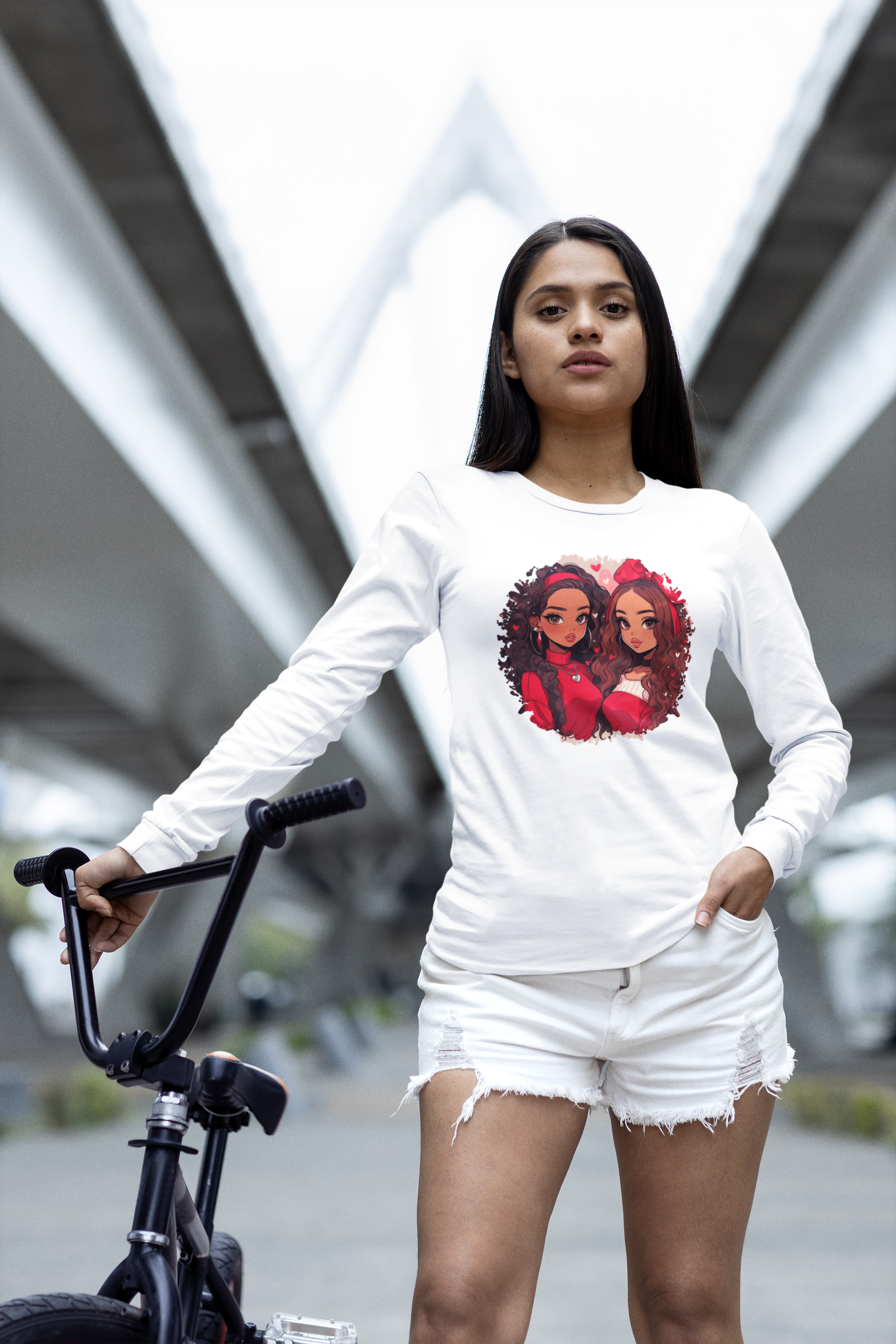 Sisters in Red Illustration Long Sleeve Tee