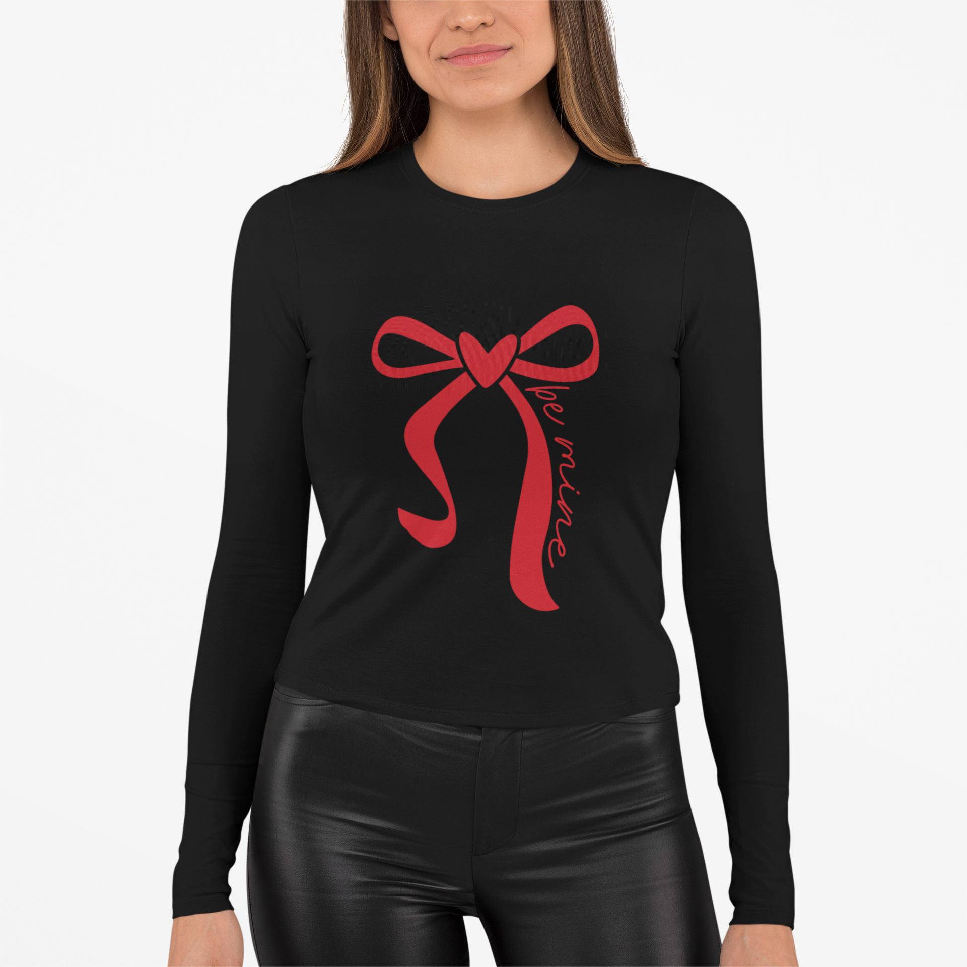 Long Sleeve Tee — Red Ribbon Bow 'Be Mine' Valentine Graphic