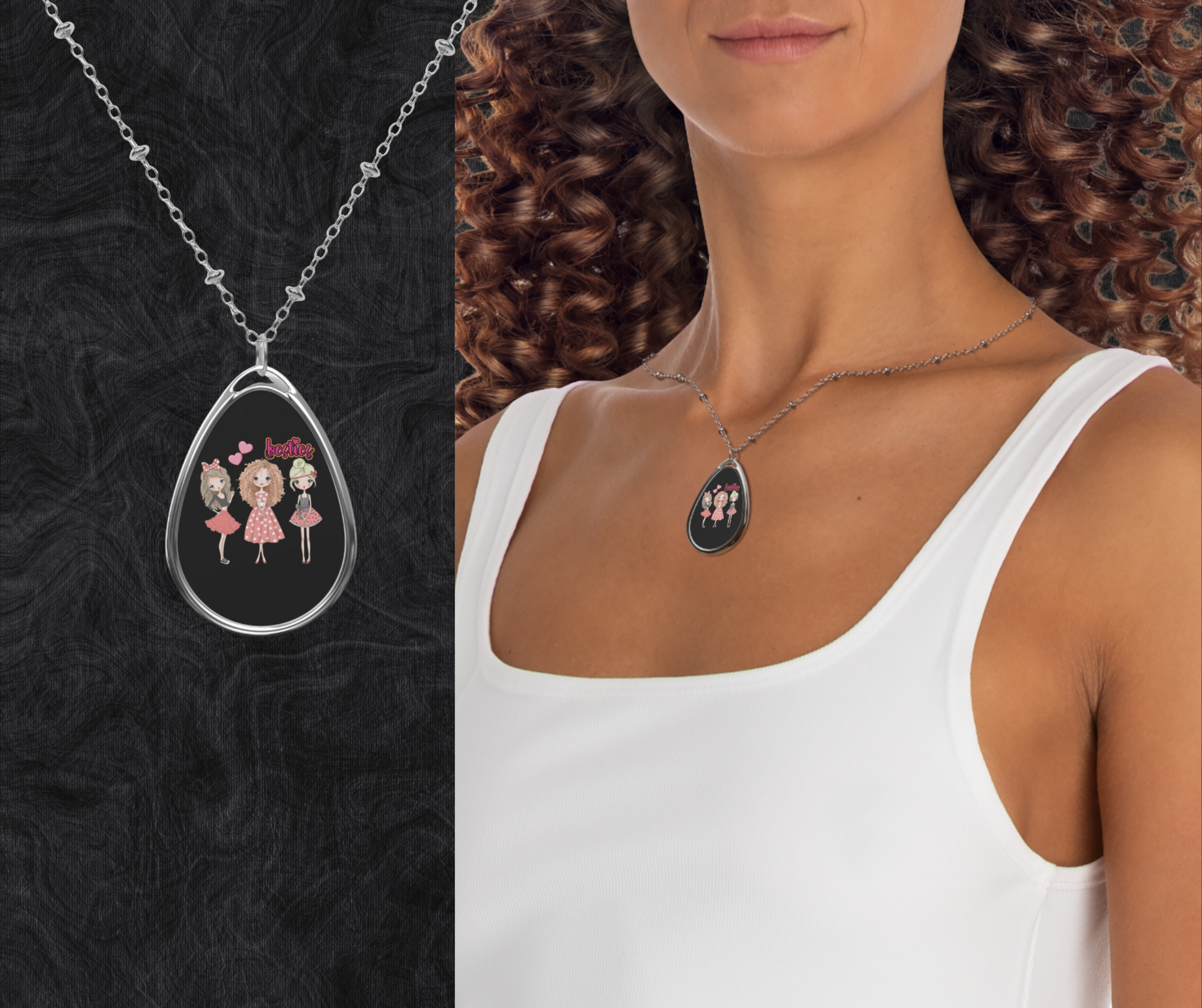 Girls Besties Valentine Oval Pendant Necklace — Cute Pink Ballerina Girls Design, Personalized Gift