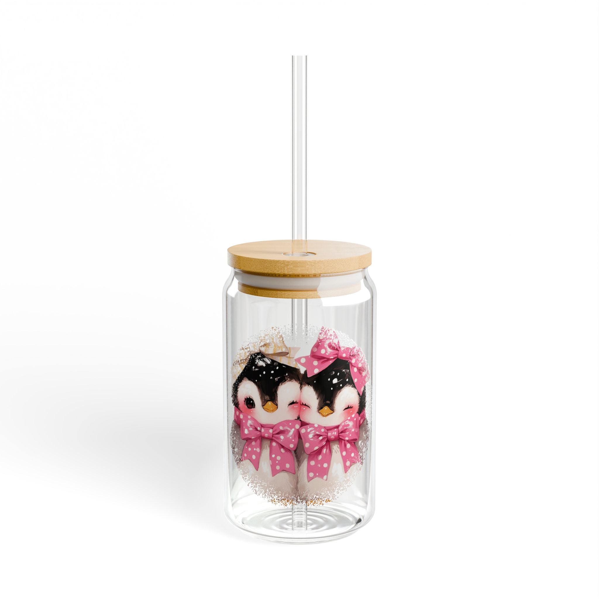 Penguin Friends 16oz Glass Sipper with Bamboo Lid